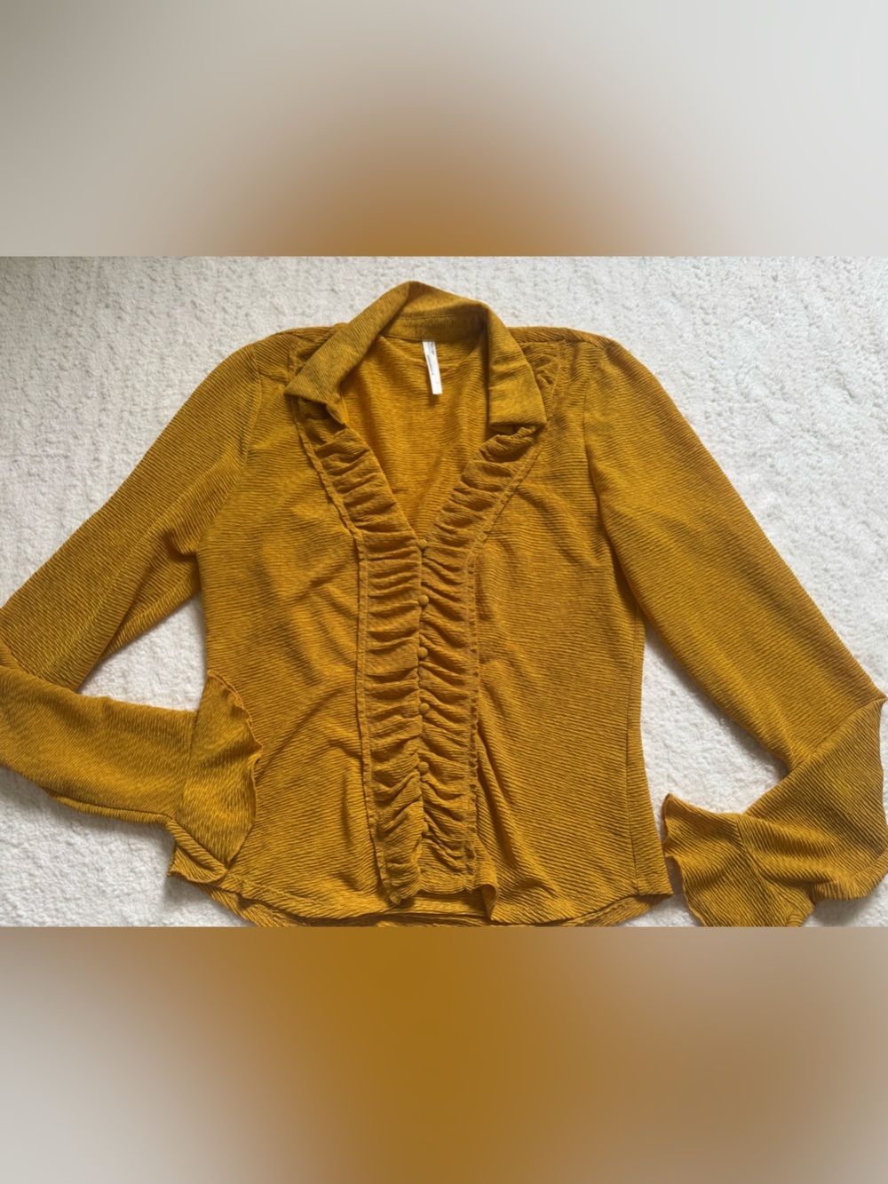 Anthropologie Mustard Textured Ruffle Blouse Long Sleeve Size L Top